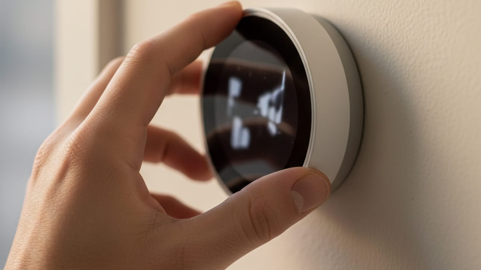 Close-up of a homeowner's hand adjusting a modern smart thermostat mounted on a hallway wall in a San Diego home