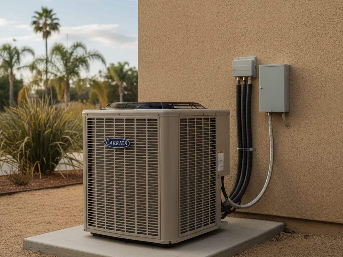 New high-efficiency AC condenser installed on a concrete pad beside a San Diego home