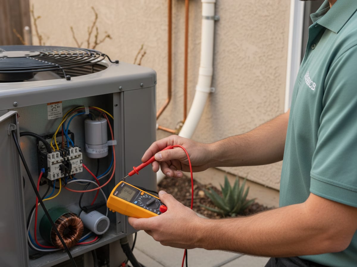 HVAC technician using a multimeter to diagnose an outdoor AC condenser unit
