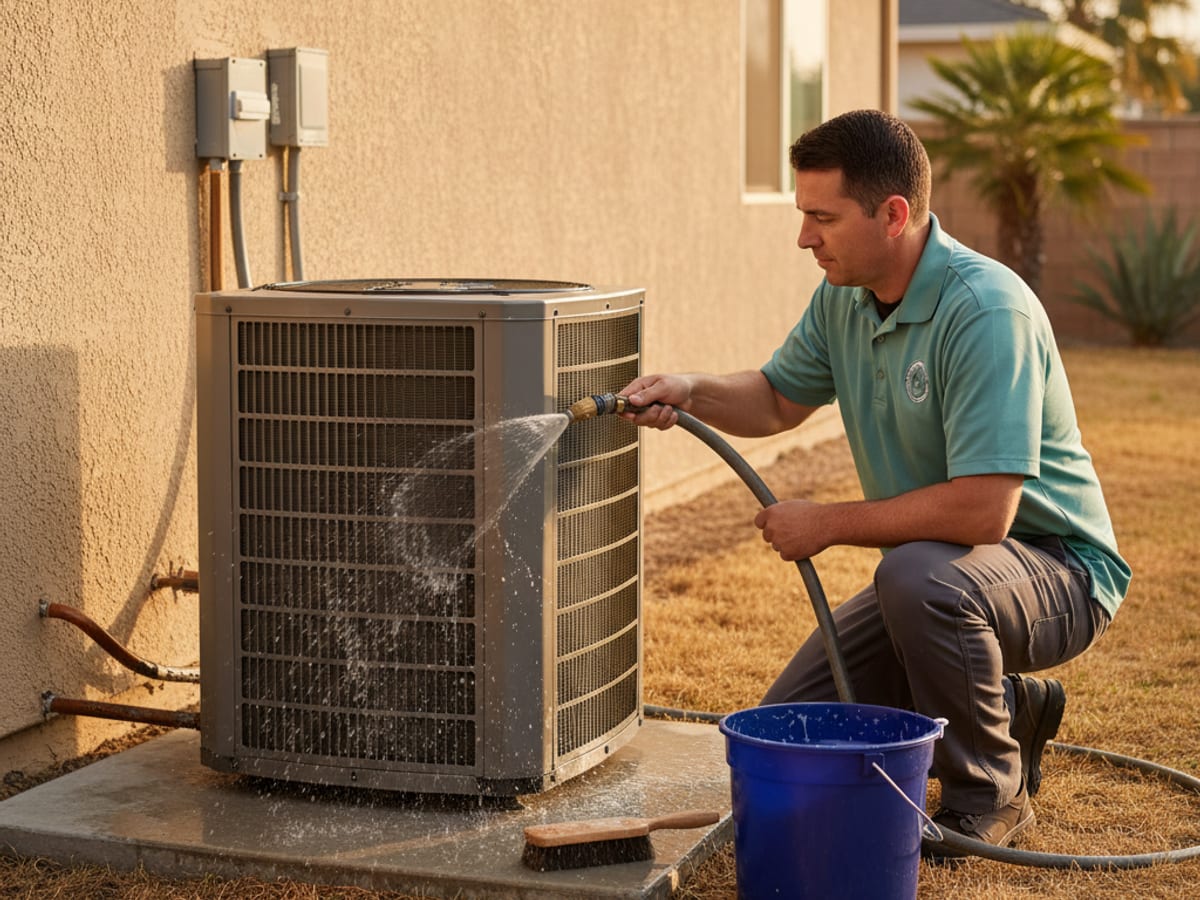 Technician washing an outdoor AC condenser coil with a low-pressure hose during a spring tune-up