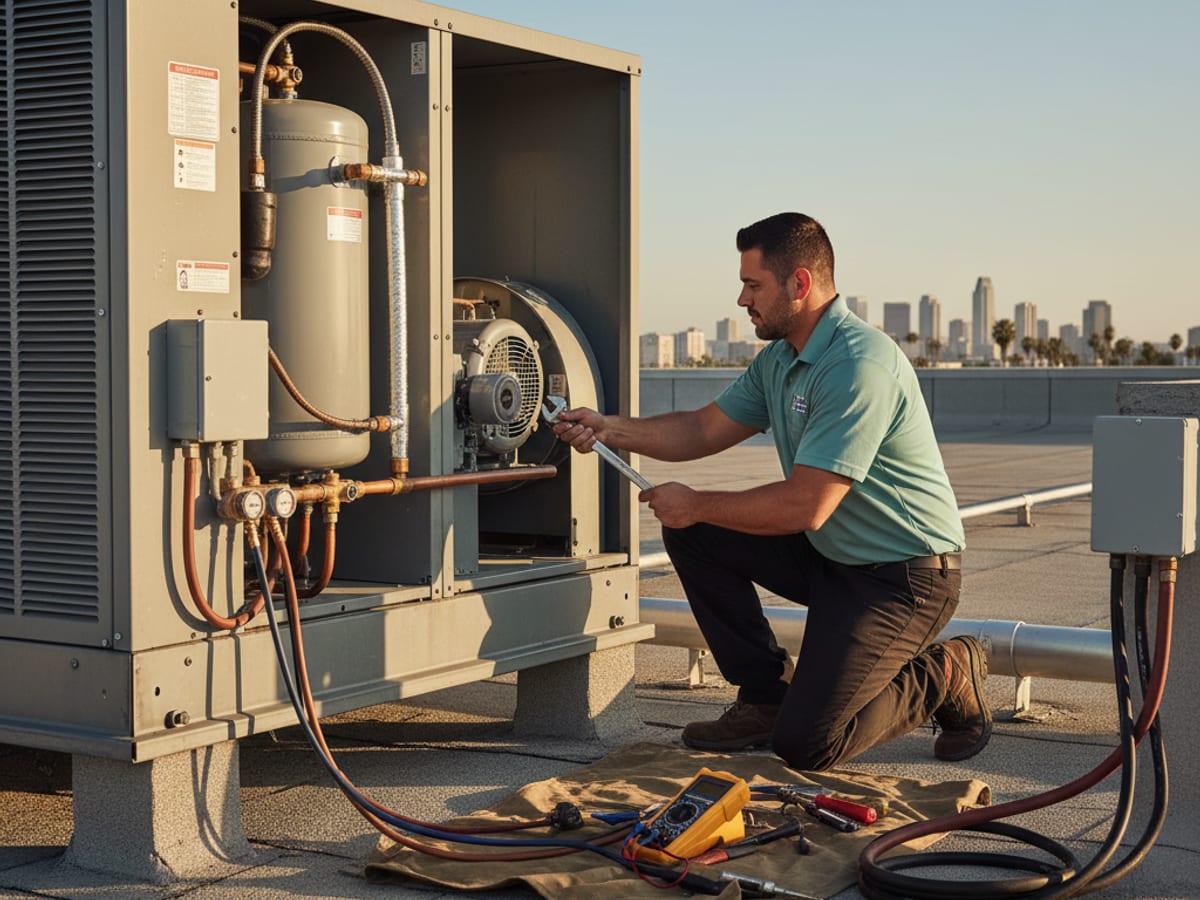 Rooftop HVAC packaged unit being serviced on a flat commercial roof in San Diego