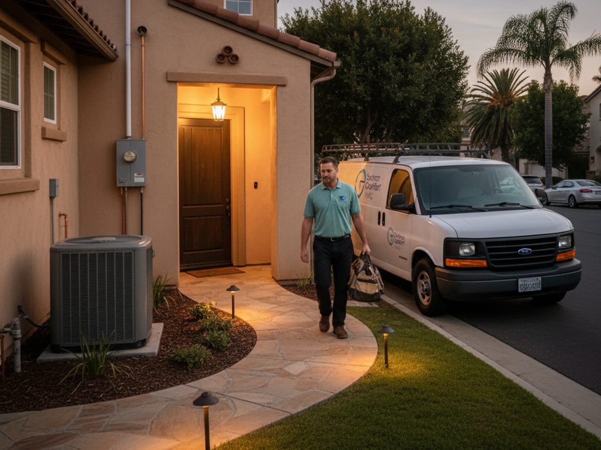 HVAC service van with work light illuminated late at night at a San Diego home