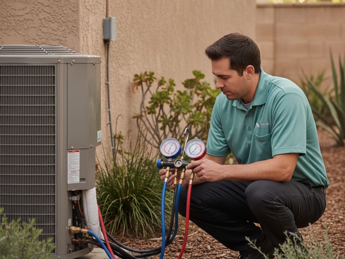 HVAC technician checking refrigerant gauges during a spring AC tune-up